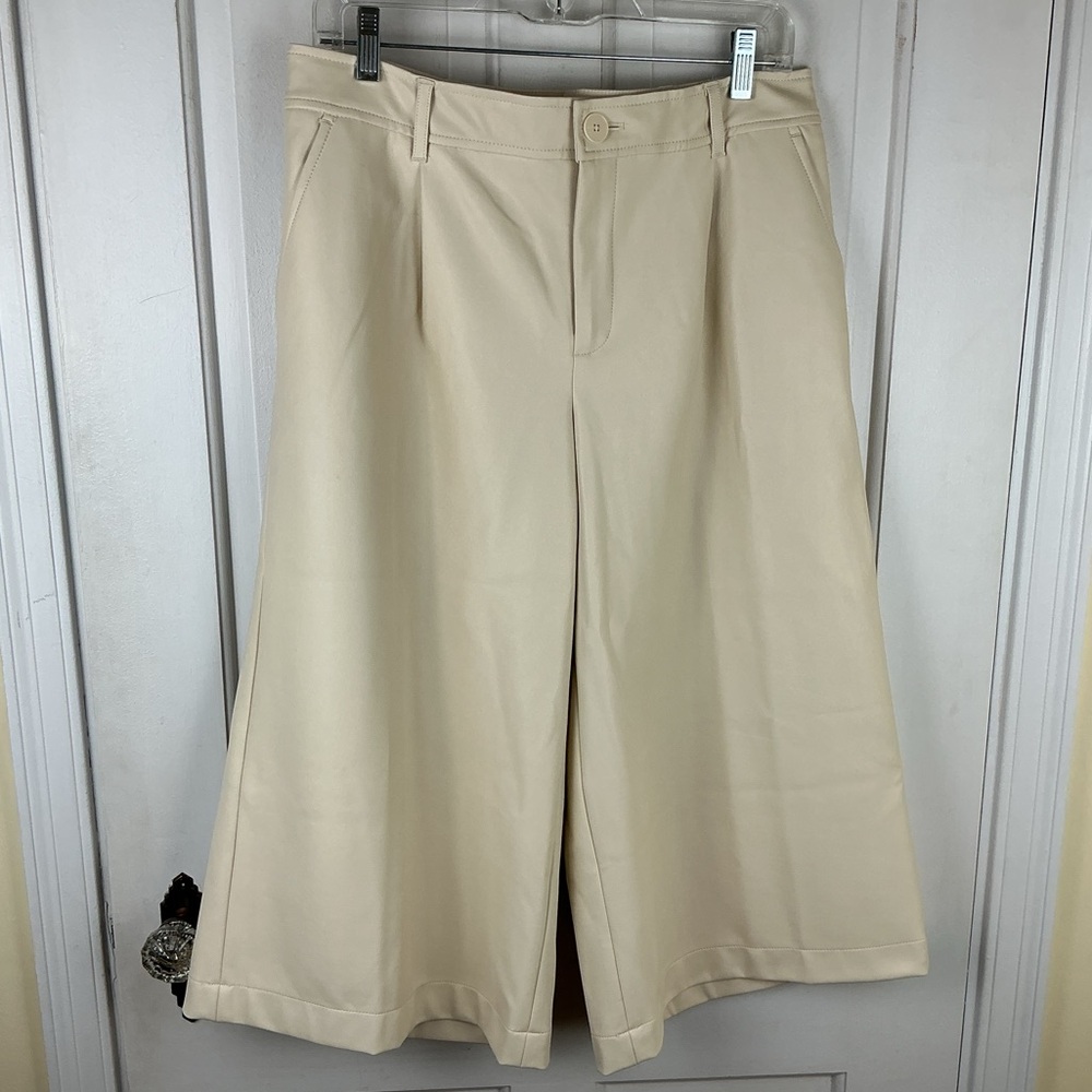 Anthropologie Wide Leg Crop Faux Leather Pants Cream Size 10P